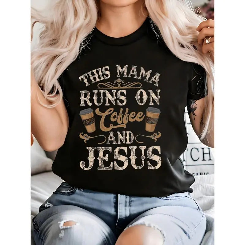 Women's Coffee And Jesus Print Short Sleeve Crew Neck T-Shirt 100% Cotton Casual Top Womenswear Streetwear