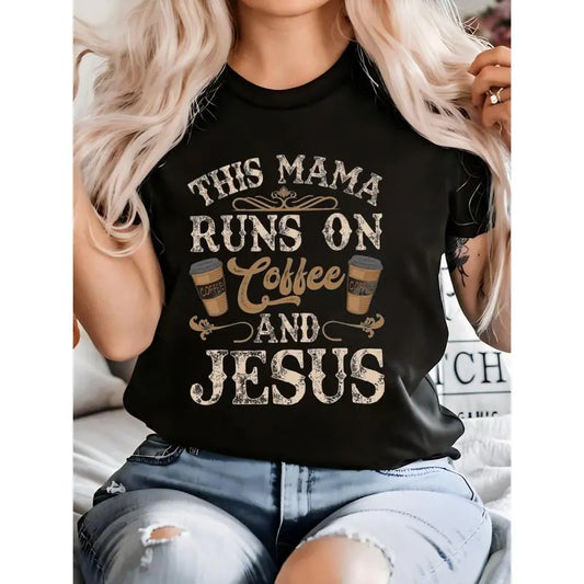 Women's Coffee And Jesus Print Short Sleeve Crew Neck T-Shirt 100% Cotton Casual Top Womenswear Streetwear